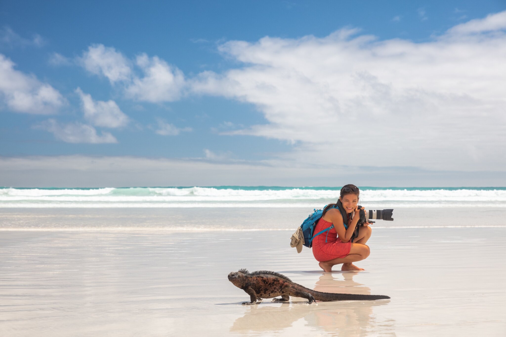 Mujer fotografía a una iguana en las islas Galápagos